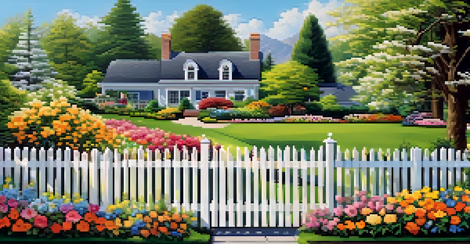 A vinyl fence in a garden surrounded by colorful spring flowers and a clear blue sky.