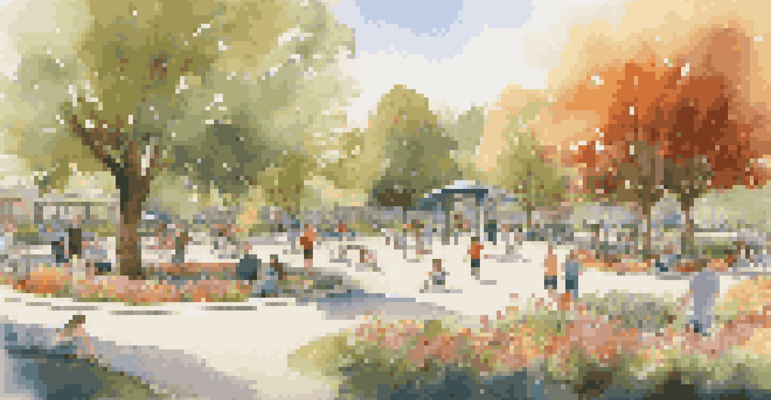 A community park bustling with families, children playing, and couples picnicking, surrounded by flowers and trees in soft natural light.