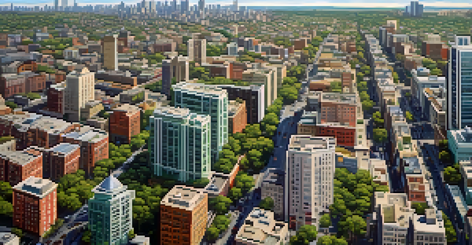 Aerial view of a lively city with tall buildings, busy streets, and green parks, illustrating urban life.