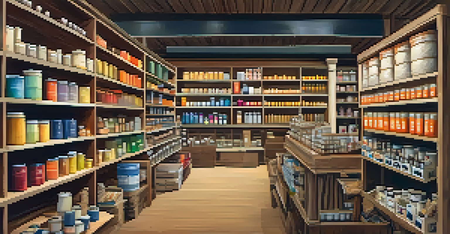 A local supplier's store showcasing building materials with a contractor and a friendly store owner interacting.