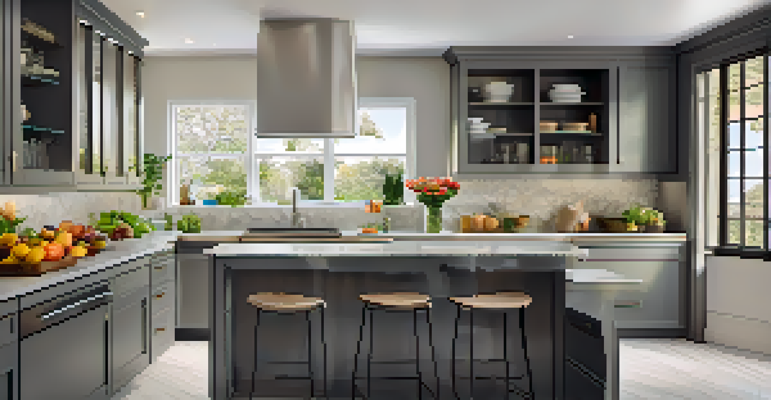 A beautifully remodeled kitchen with sleek cabinets, stainless steel appliances, fresh fruits, and a view of a garden.