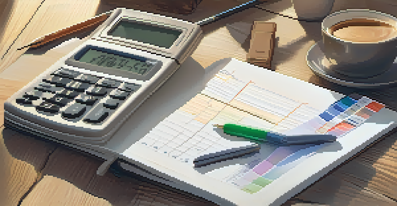 A budget planning notebook on a table, with a calculator, coffee cup, and color swatches for home renovations.