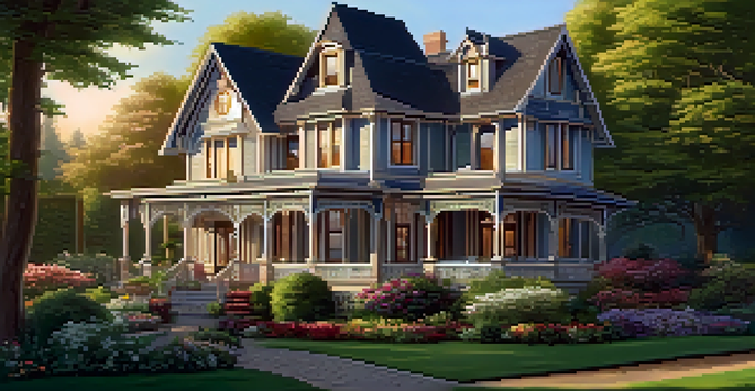A beautiful Victorian house with detailed woodwork and colorful flower gardens, illuminated by the warm glow of sunset.