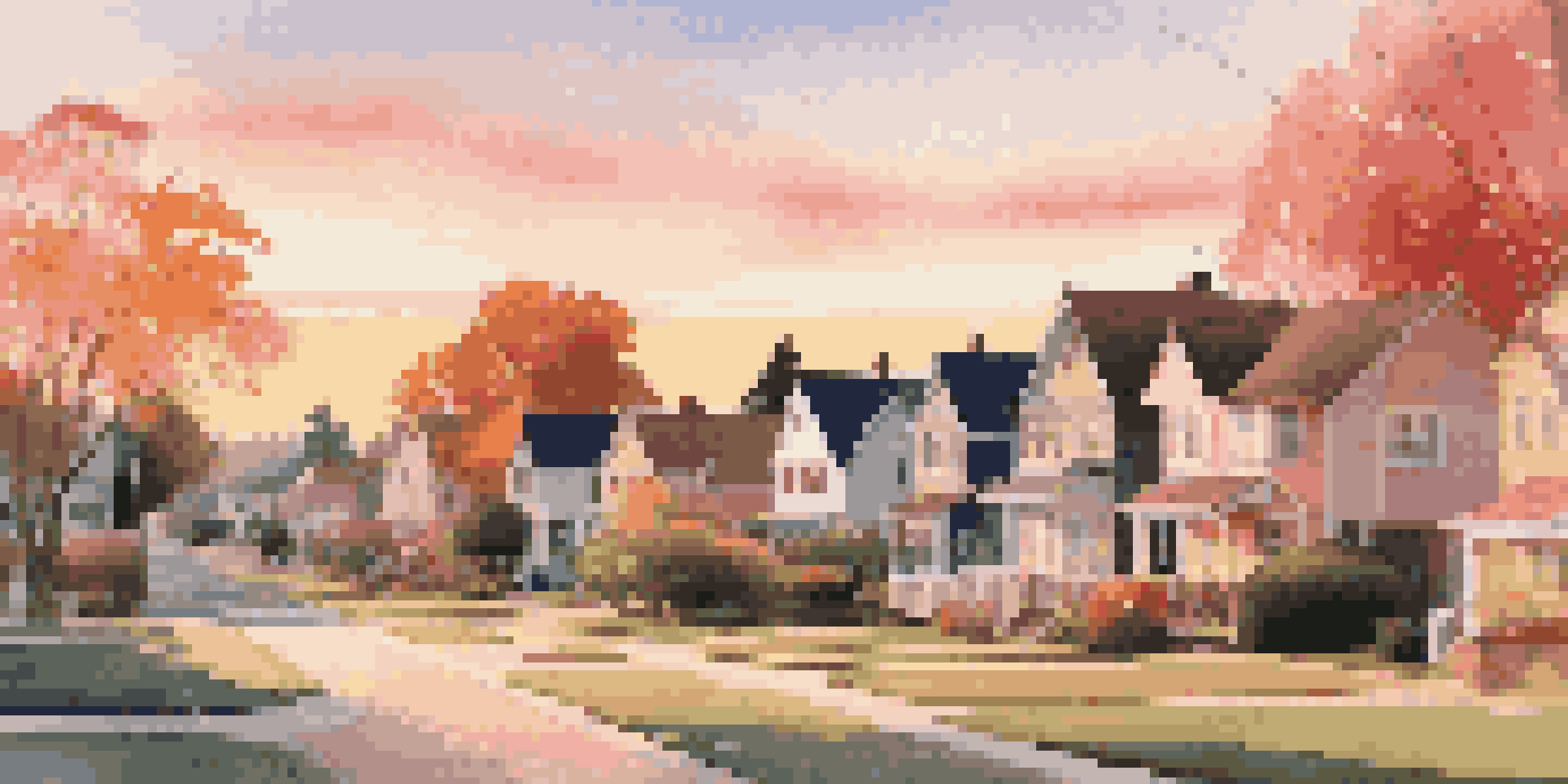 A tranquil suburban neighborhood at sunset with charming houses and warm sky colors.