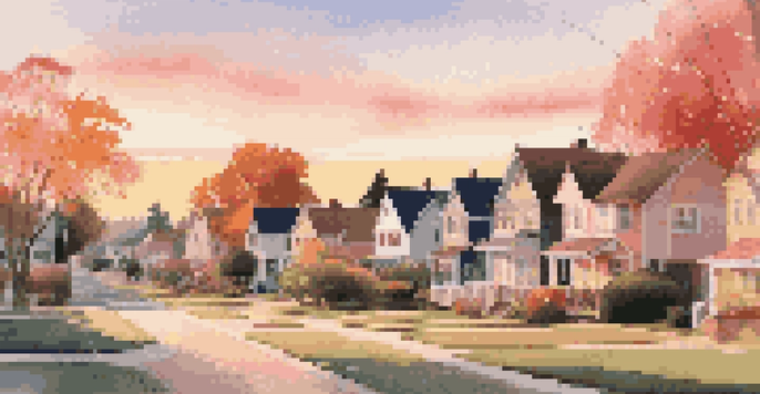 A tranquil suburban neighborhood at sunset with charming houses and warm sky colors.