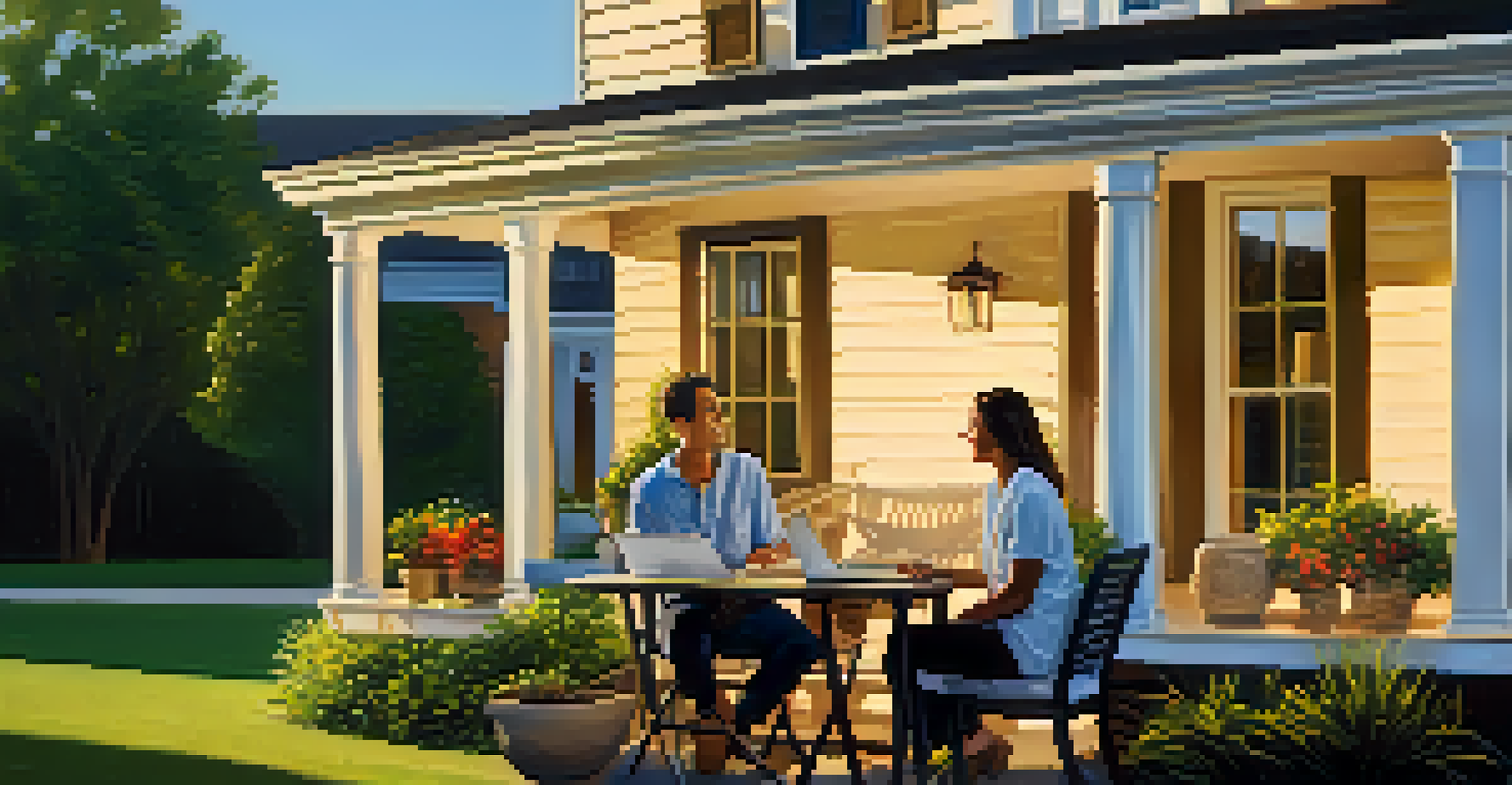 A couple discussing home-buying plans on a porch during golden hour, surrounded by greenery.