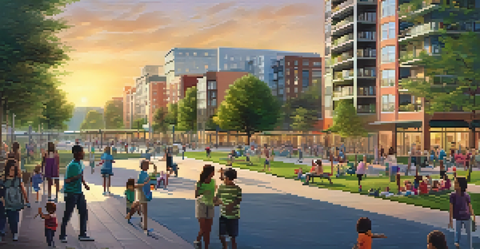 A colorful sunset over a modern city with parks, people engaging in outdoor activities, and families walking together.