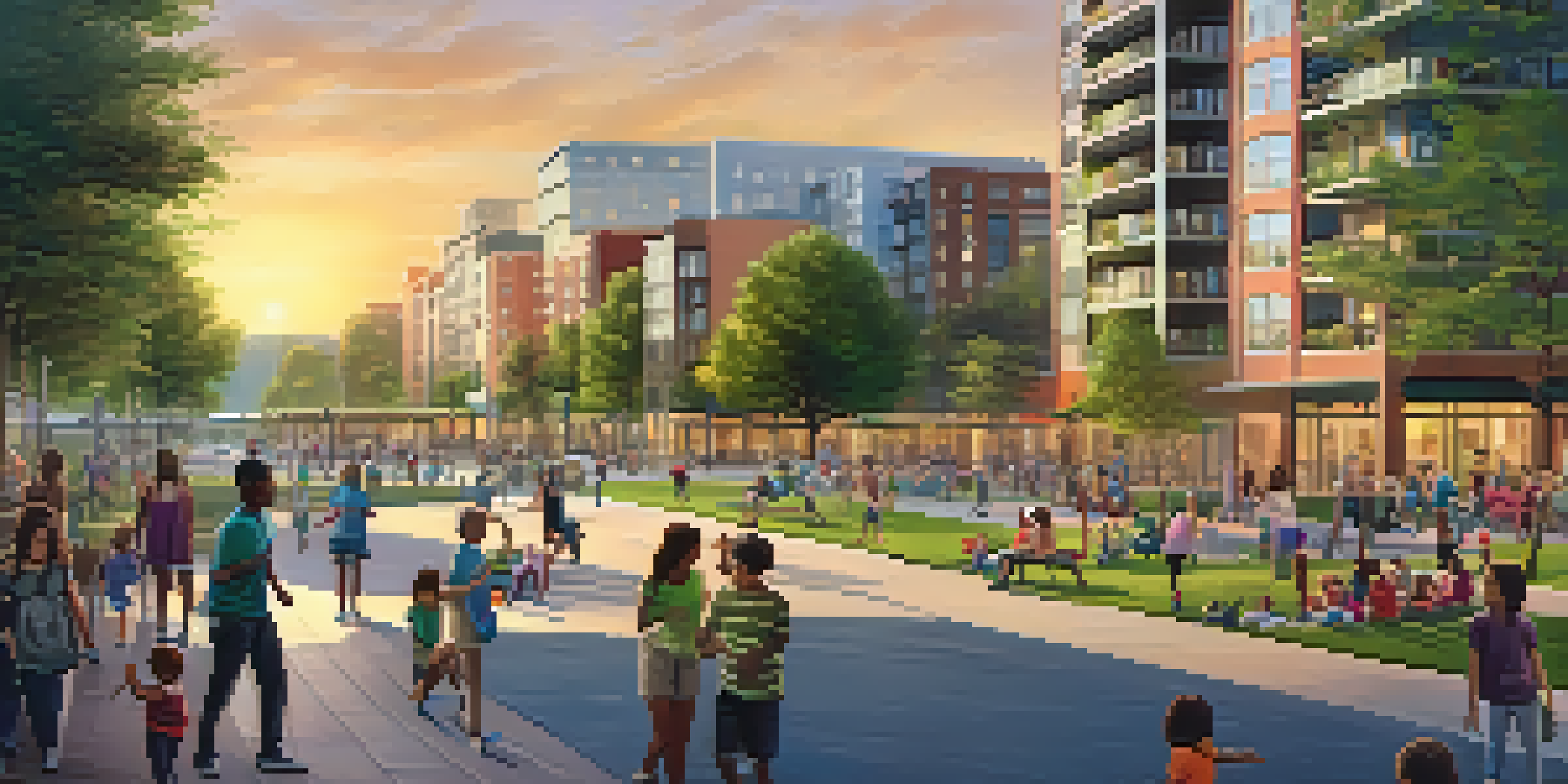 A colorful sunset over a modern city with parks, people engaging in outdoor activities, and families walking together.