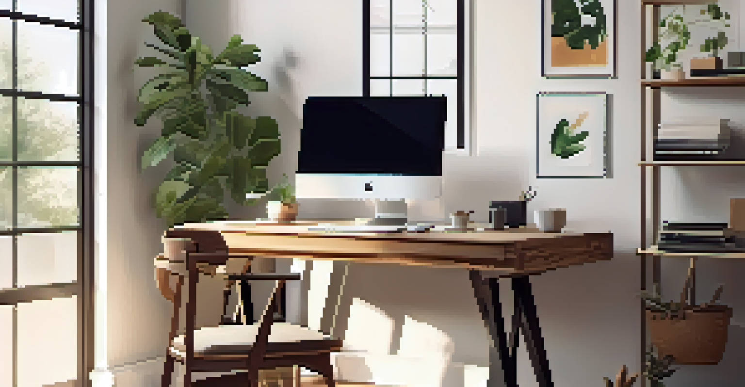 A cozy workspace with a wooden desk, laptop, coffee cup, and natural light from the window.