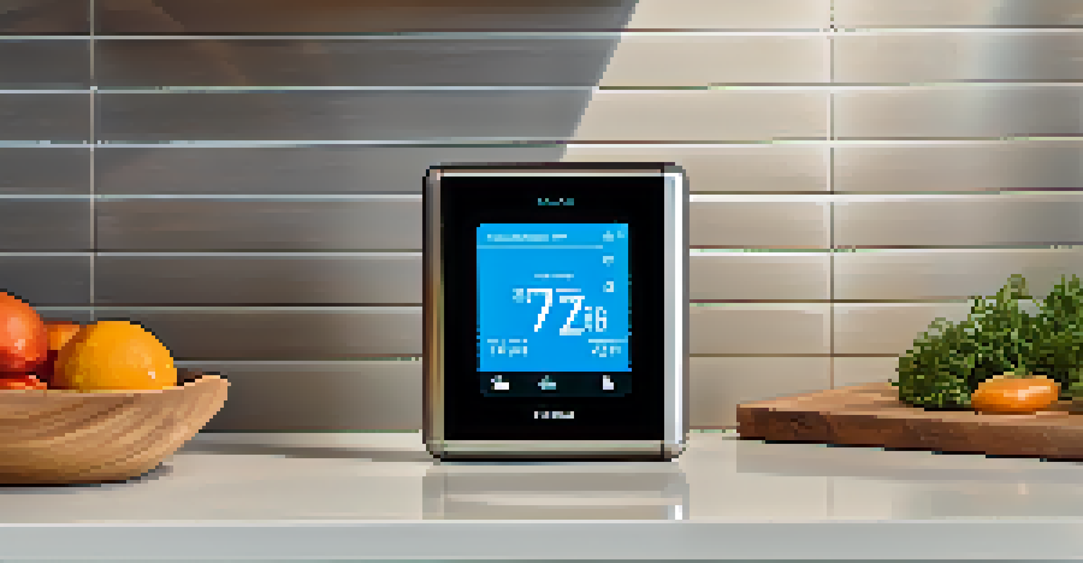 A close-up of a smart thermostat displaying energy usage in a modern kitchen with a sleek design.