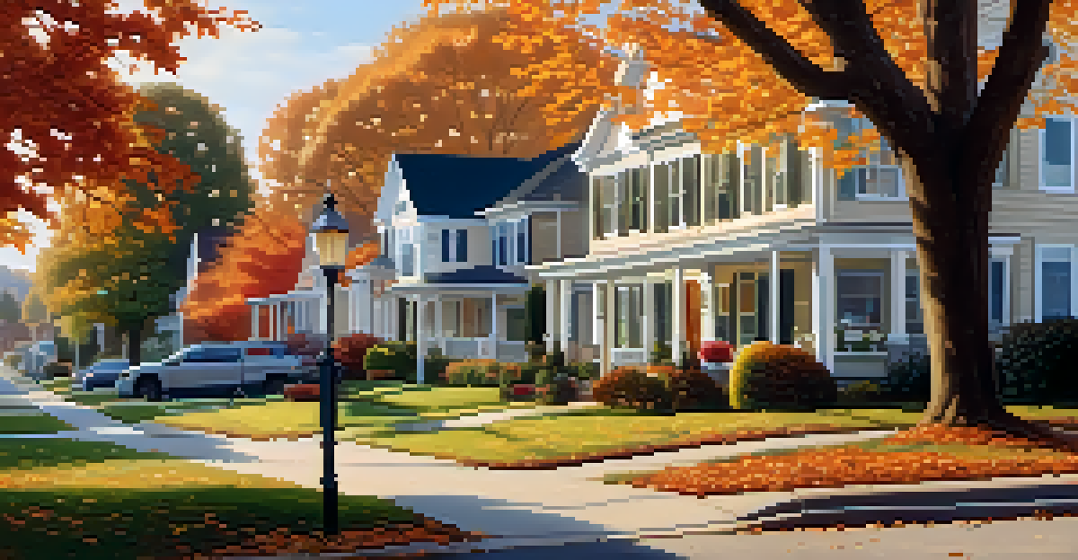 A suburban neighborhood in autumn with vibrant trees, charming houses, and pumpkins on porches, illuminated by soft sunlight.