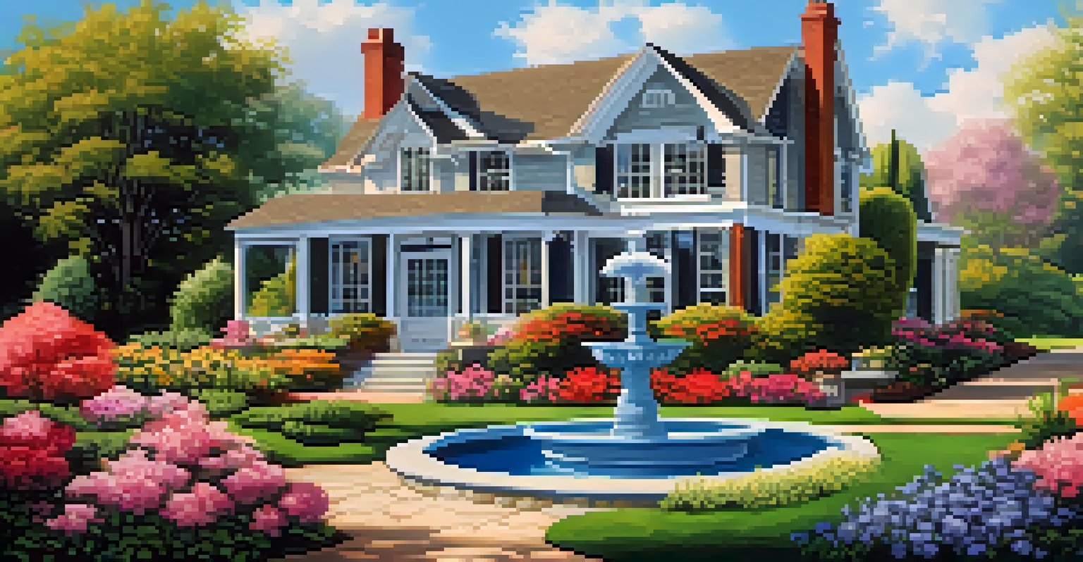 A charming house surrounded by a colorful garden with flowers and a clear blue sky.