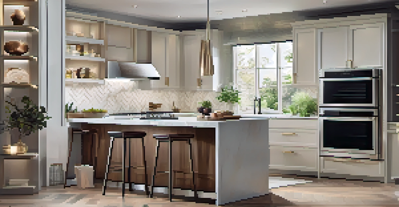 A modern kitchen with smart appliances like a touchscreen refrigerator and voice-controlled oven, designed with sleek cabinetry and marble countertops.