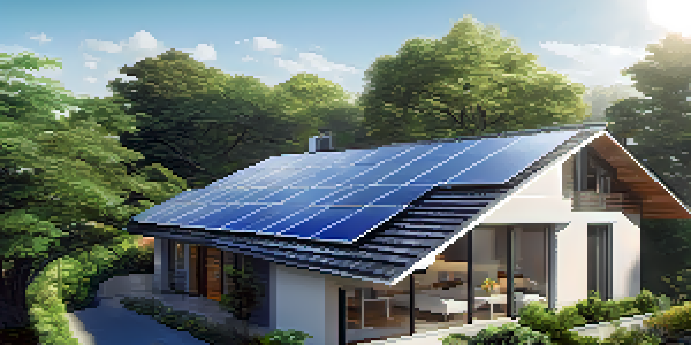 A modern house with solar panels on the roof, surrounded by greenery and blue skies.
