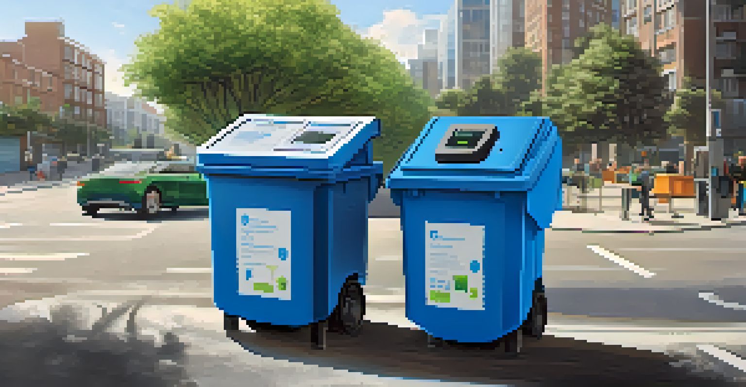 Close-up of a smart waste management bin with sensors, a city worker monitoring it using a tablet, surrounded by green spaces and blue skies.