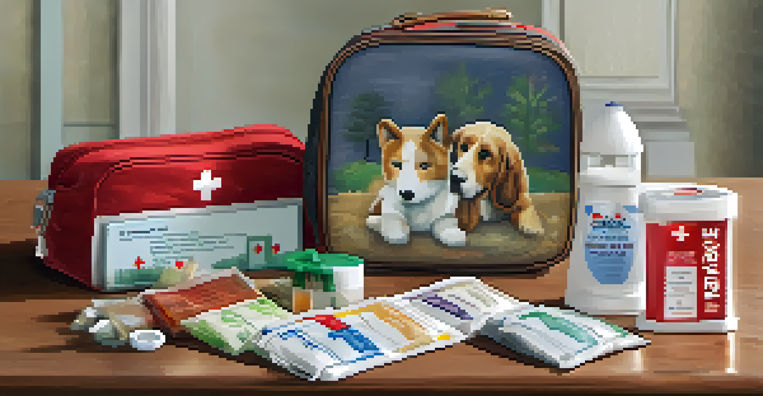 An organized pet first aid kit with essential supplies for emergencies, set on a wooden table.