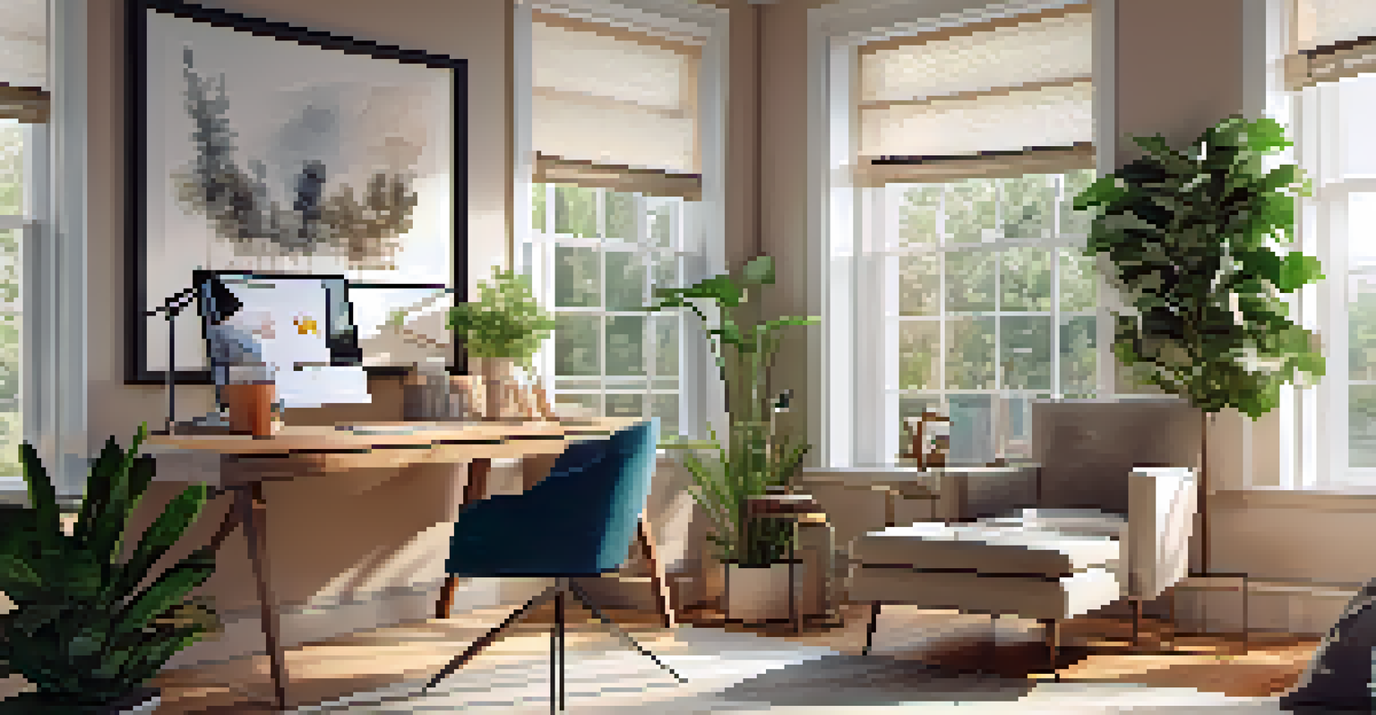 A comfortable home office space filled with natural light, plants, and modern decor.
