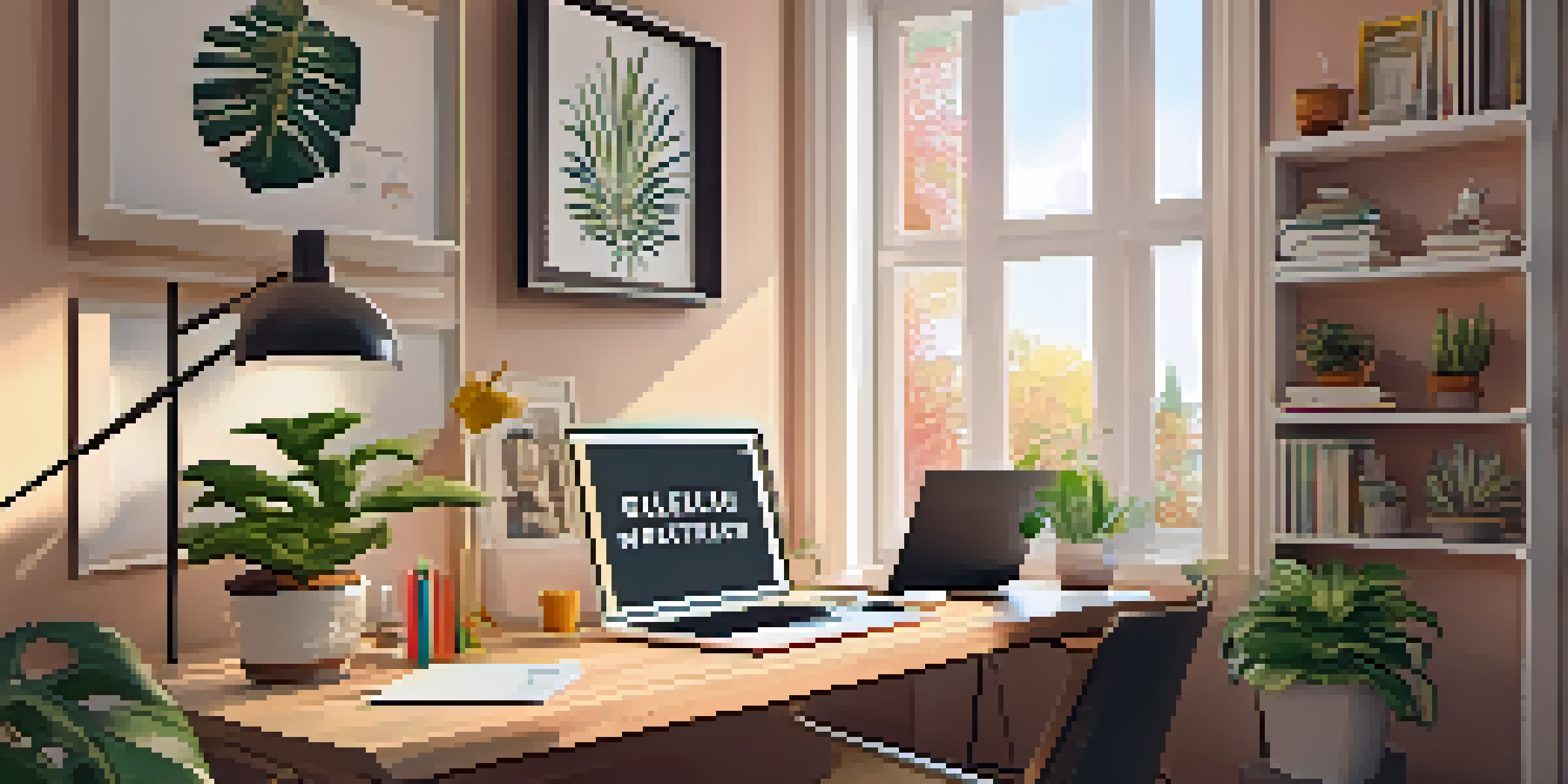 A warm and inviting home office setup featuring a wooden desk, ergonomic chair, and bright natural light from a window, with decorative elements that inspire productivity.