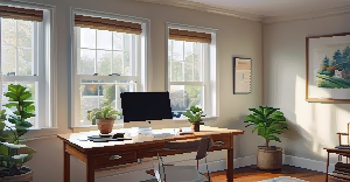 A home office with a wooden desk, a laptop, a potted plant, and natural light coming through a window.