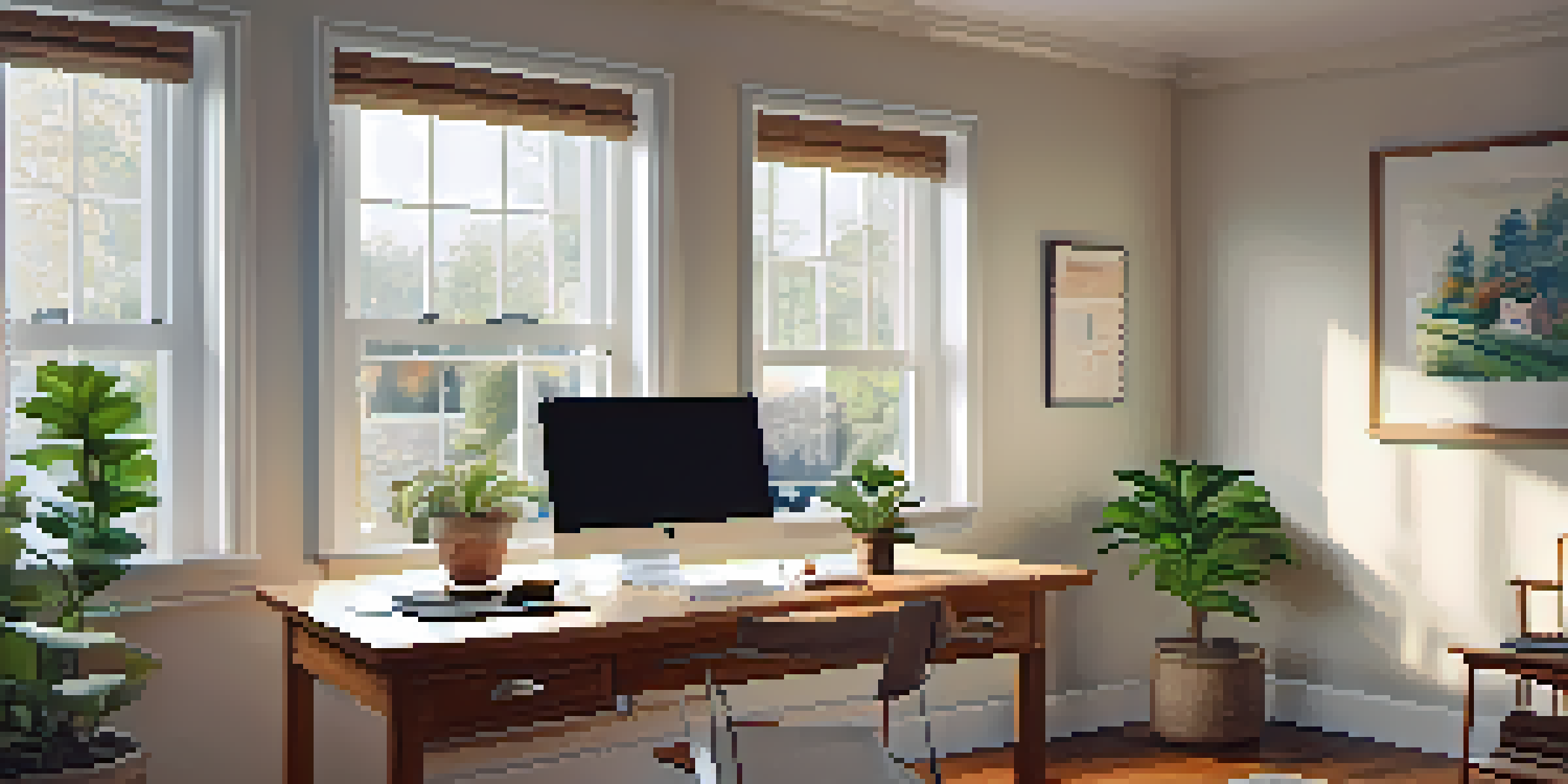 A home office with a wooden desk, a laptop, a potted plant, and natural light coming through a window.
