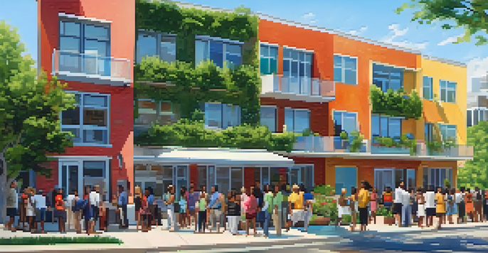 A diverse group of individuals smiling and conversing in front of a modern apartment building, surrounded by greenery on a bright sunny day.