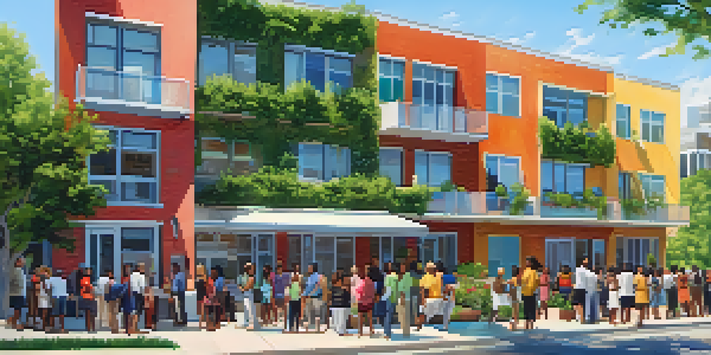 A diverse group of individuals smiling and conversing in front of a modern apartment building, surrounded by greenery on a bright sunny day.