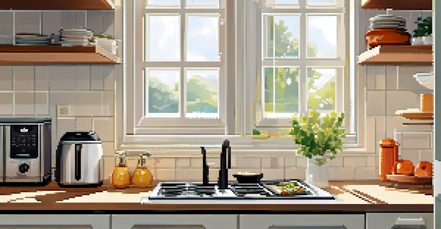 A small kitchen with space-saving appliances and open shelving, illuminated by sunlight.