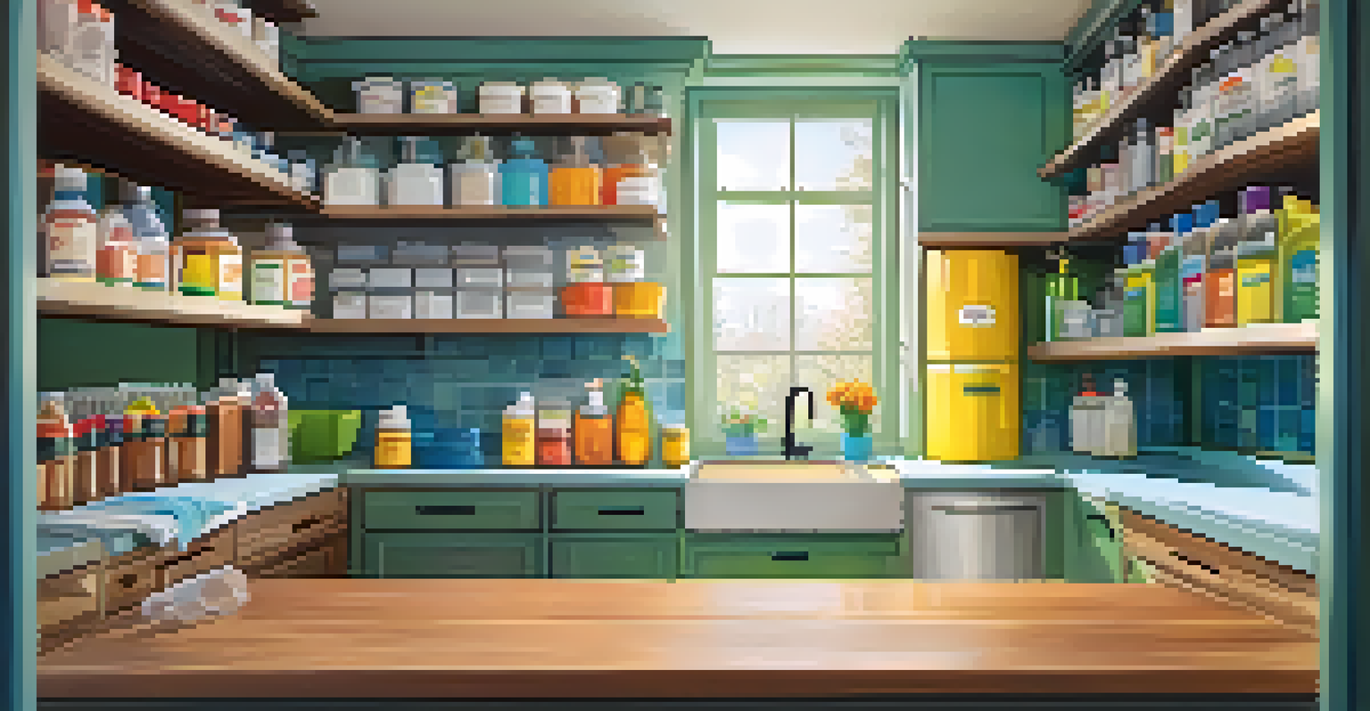 A colorful cleaning supply cabinet in a bright kitchen, displaying various cleaning products and sponges.