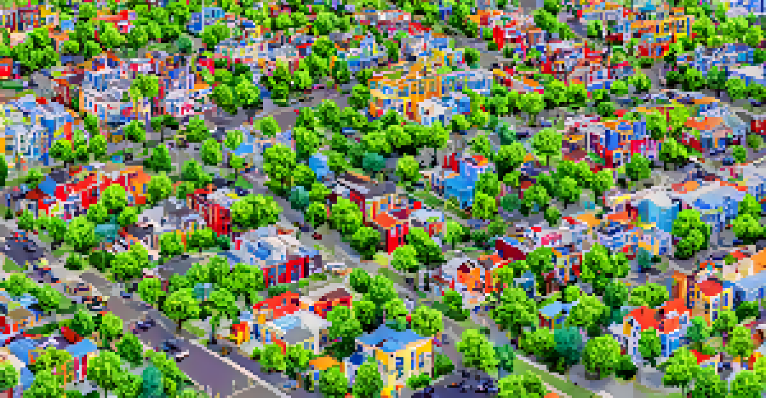Aerial view of a vibrant emerging neighborhood with colorful townhouses, parks, and people enjoying outdoor activities.