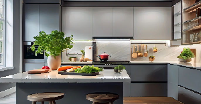A modern kitchen with bright under-cabinet lighting, featuring fresh vegetables on a countertop and a cutting board, with a sleek and minimalist design.