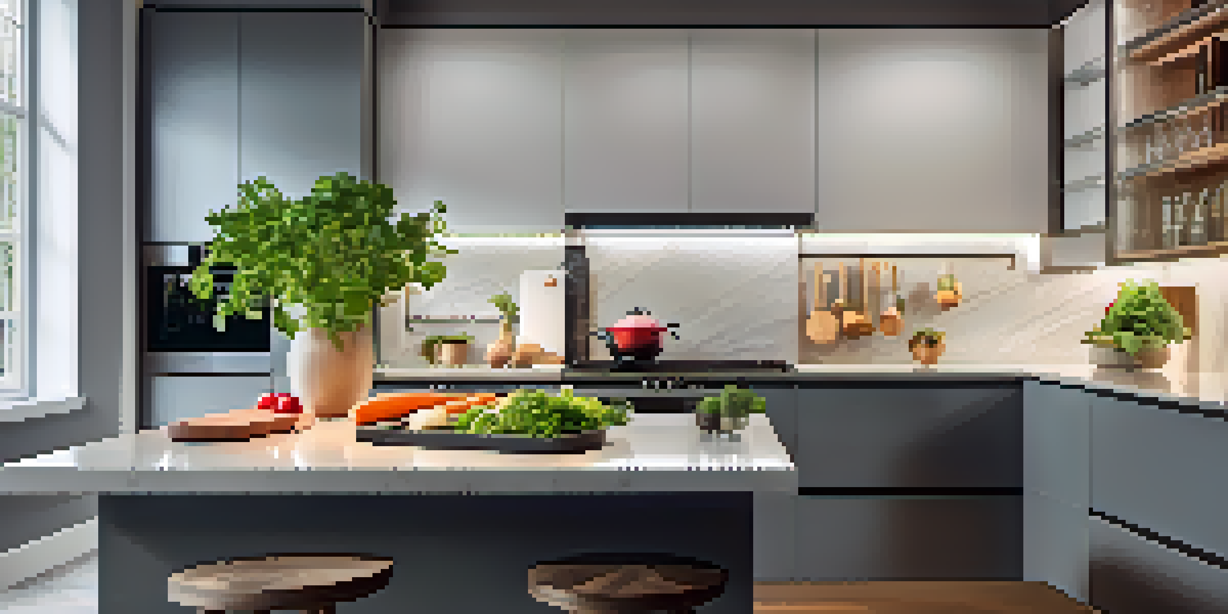 A modern kitchen with bright under-cabinet lighting, featuring fresh vegetables on a countertop and a cutting board, with a sleek and minimalist design.