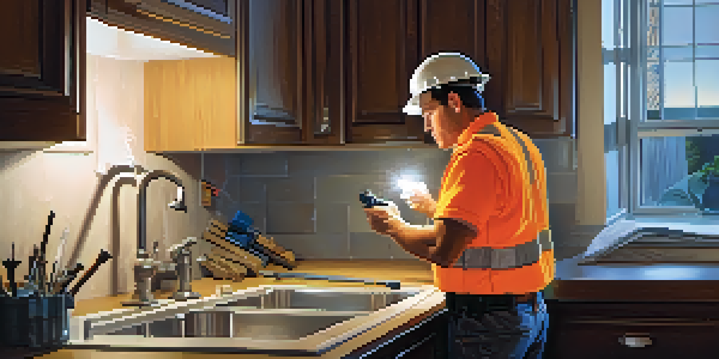 A home inspector in safety gear inspecting plumbing under a sink in a new construction home.