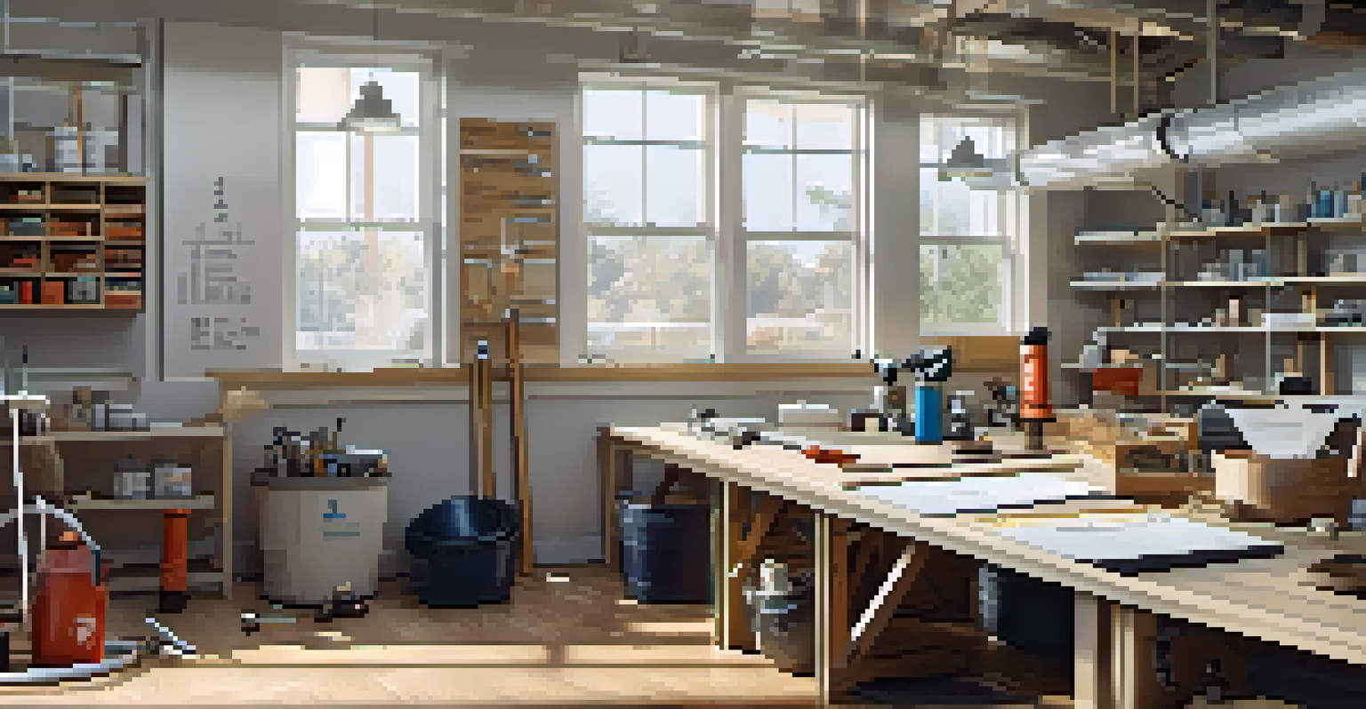 A workspace filled with plumbing materials and tools, featuring a checklist on a clipboard.
