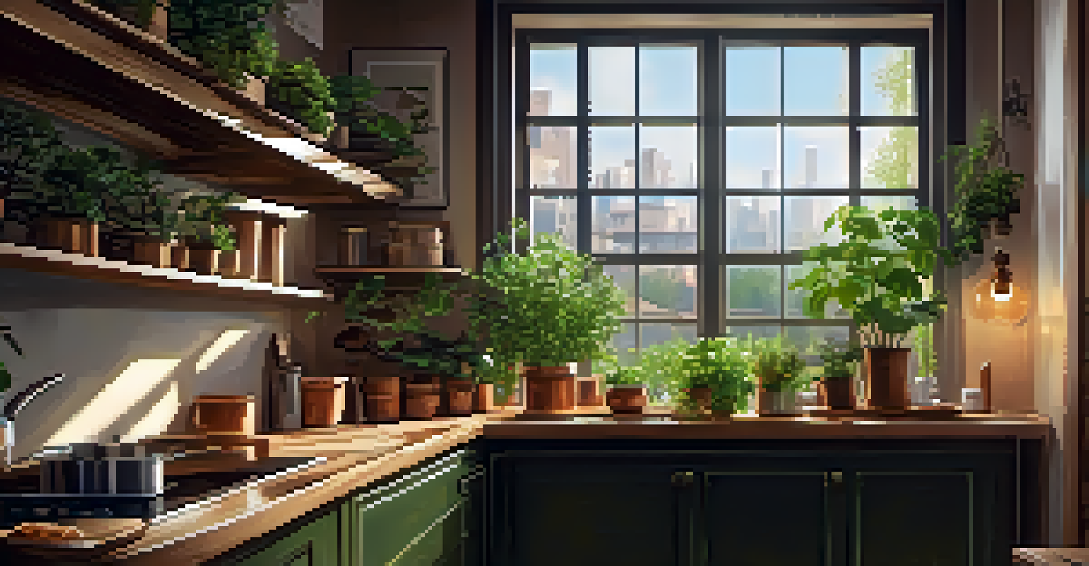 A cozy kitchen featuring hanging trailing plants and potted herbs on the windowsill, bathed in sunlight with wooden shelves.