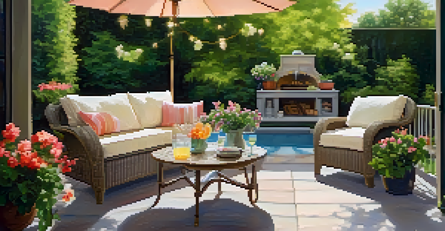 A peaceful backyard patio with comfortable furniture, vibrant plants, and a table set with lemonade, ideal for relaxation.