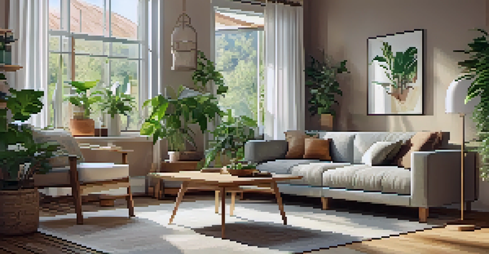 A cozy living room with reclaimed wood flooring, bamboo furniture, and large windows allowing natural light to fill the space.