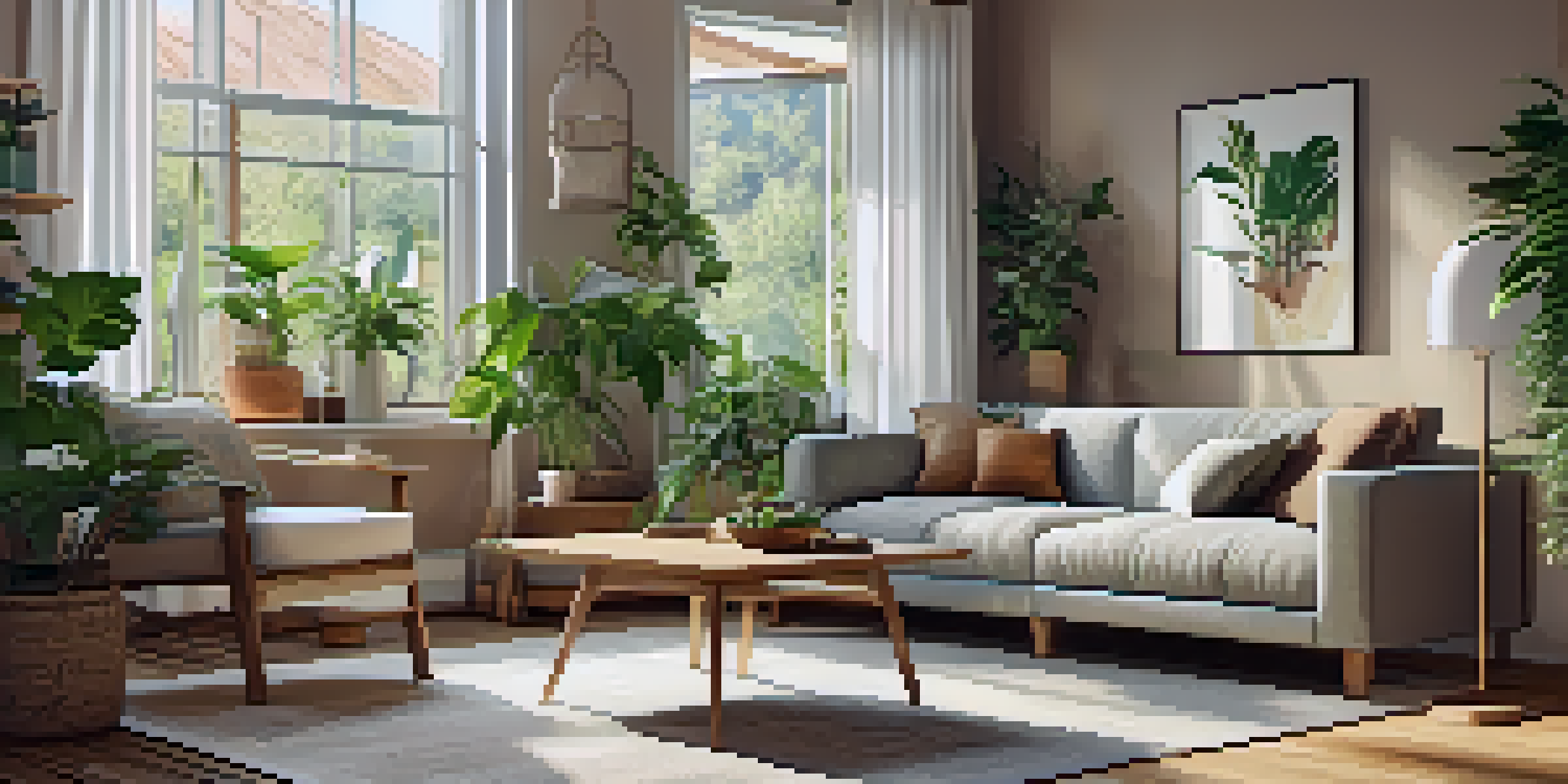 A cozy living room with reclaimed wood flooring, bamboo furniture, and large windows allowing natural light to fill the space.