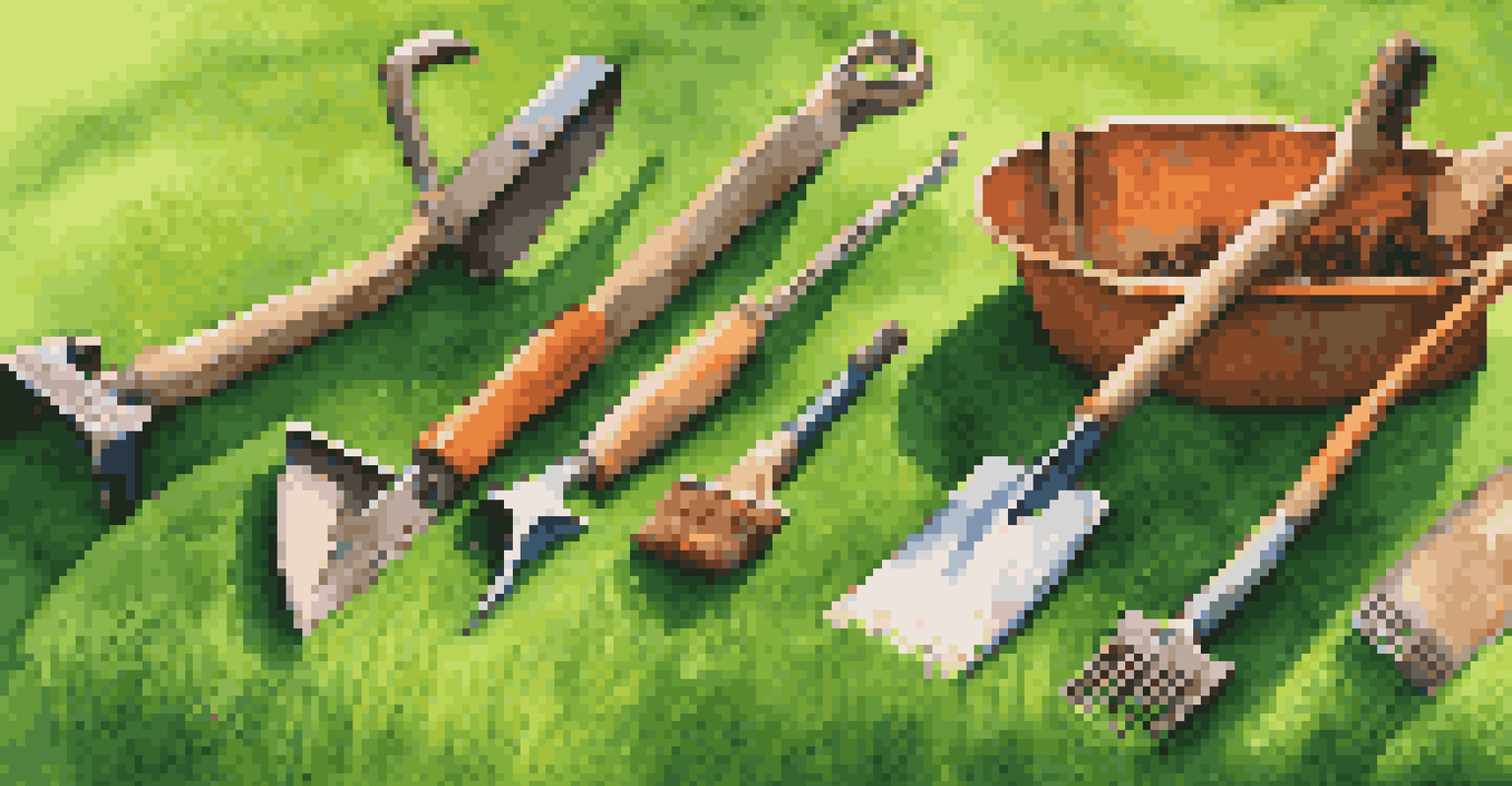 A collection of gardening tools including shovels and rakes displayed on grass, with sunlight enhancing the vibrant colors.