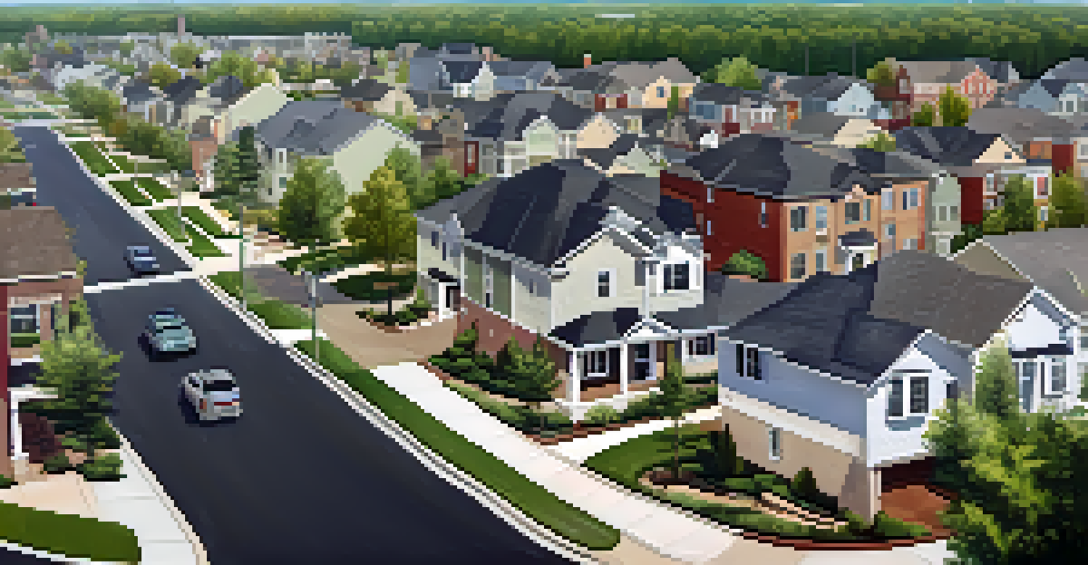 An aerial view of a suburban neighborhood with construction activity, new businesses, and green spaces being developed.