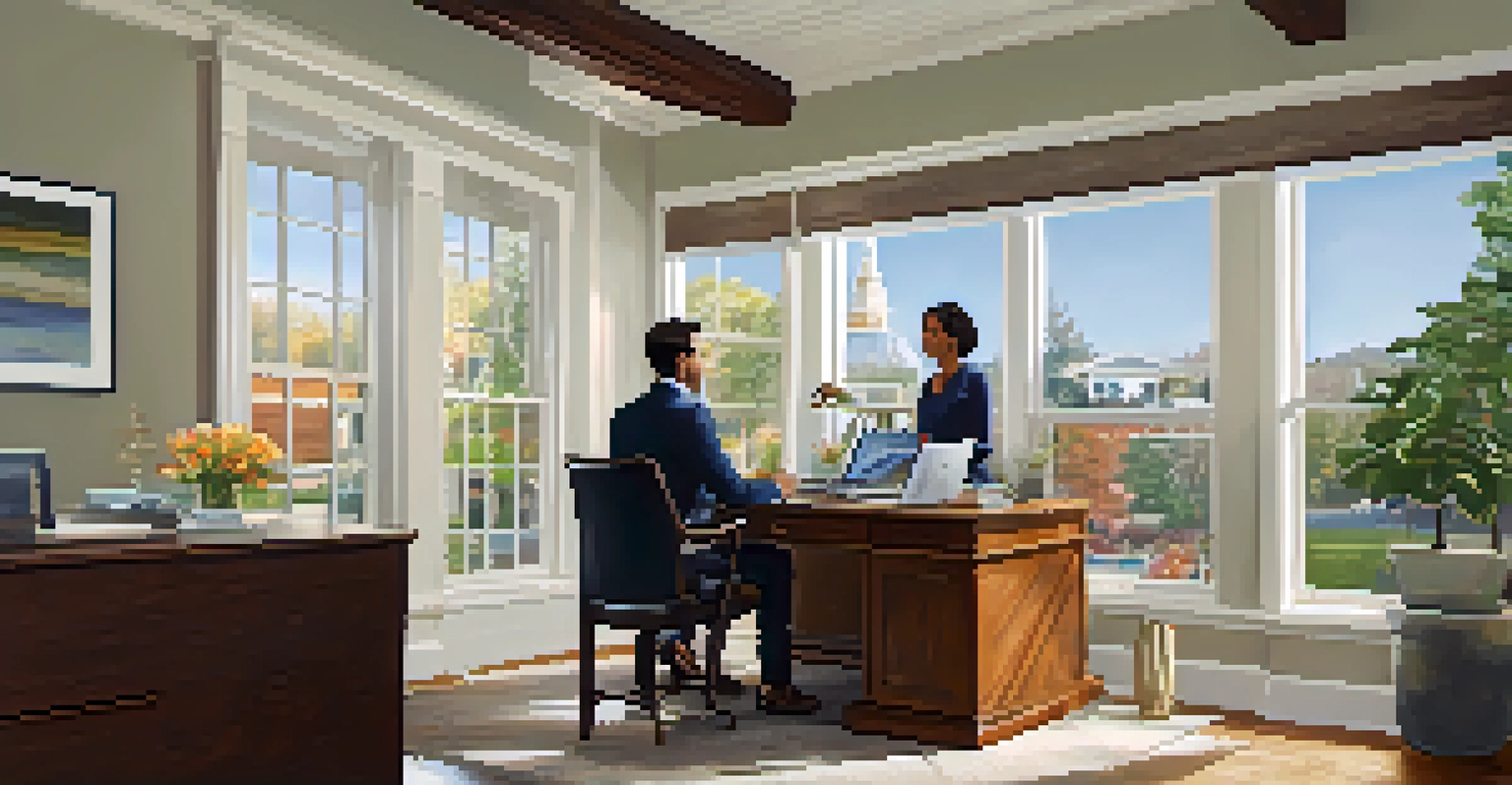 A real estate agent assisting a diverse couple with home listings at a desk, surrounded by brochures and a laptop in a well-lit room.