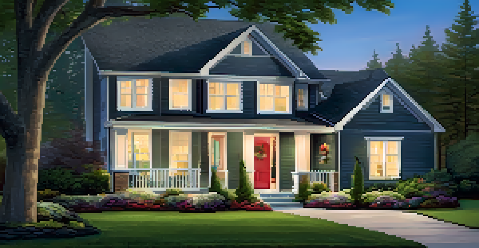 A charming home exterior with a manicured lawn, colorful flowers, a freshly painted front door, and outdoor lighting creating a welcoming atmosphere.