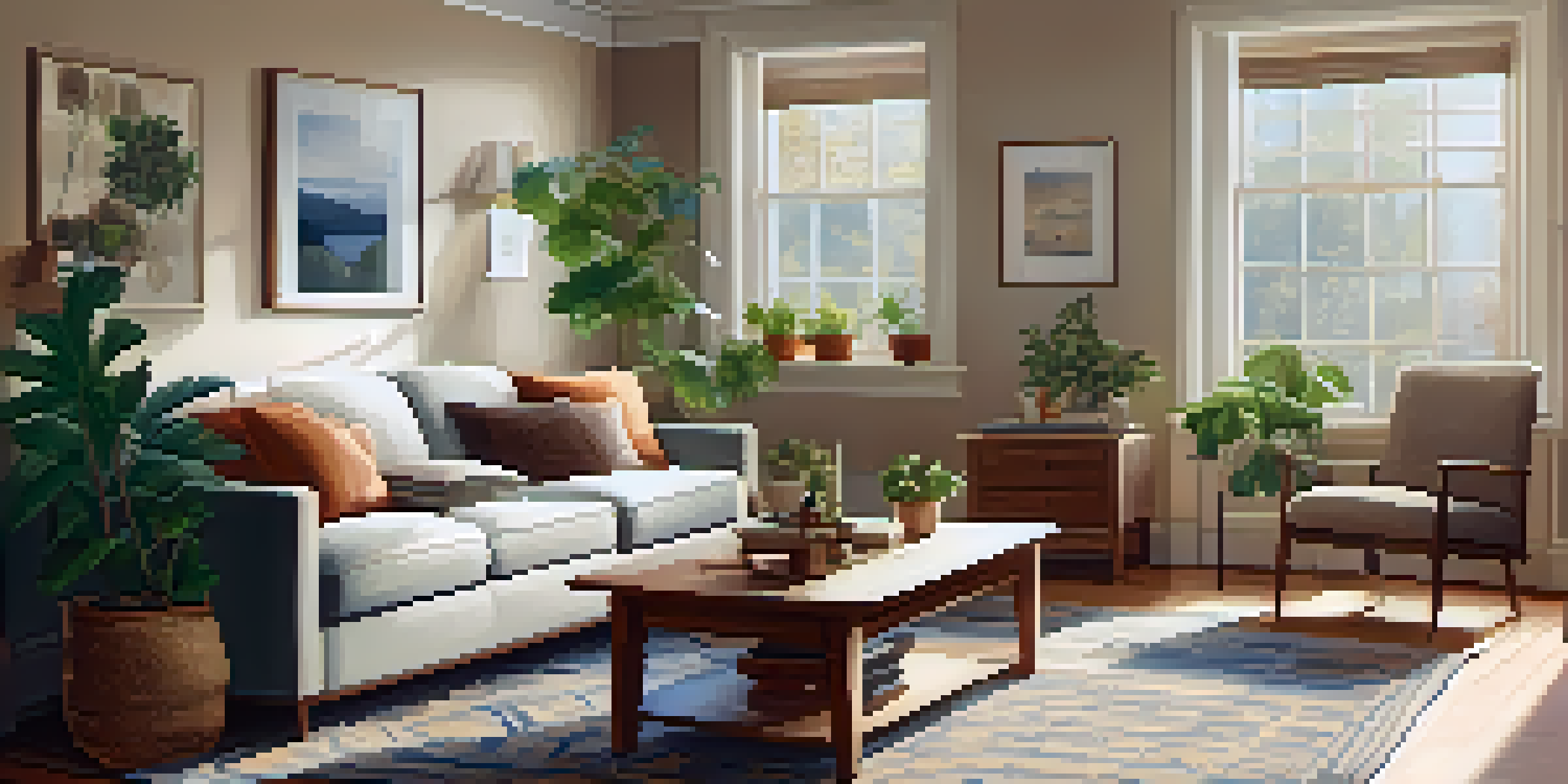 A cozy living room with a family enjoying time together, bright natural light, decorative plants, and a maintenance checklist on the coffee table.