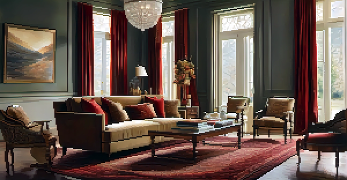 A cozy living room with elegant velvet drapes and soft natural light, styled with warm colors and plush furniture.