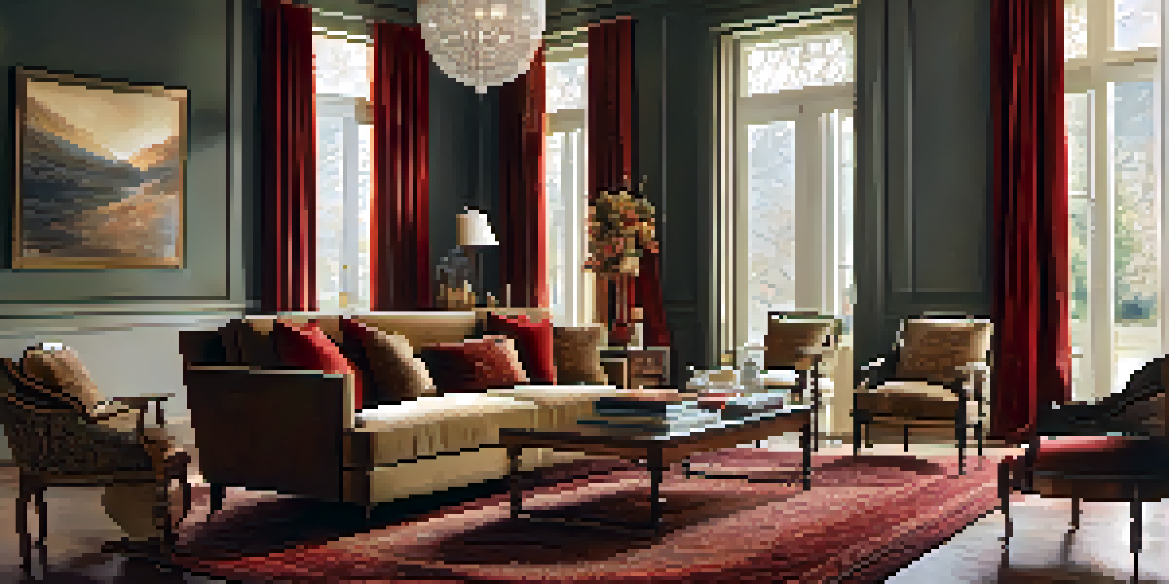 A cozy living room with elegant velvet drapes and soft natural light, styled with warm colors and plush furniture.