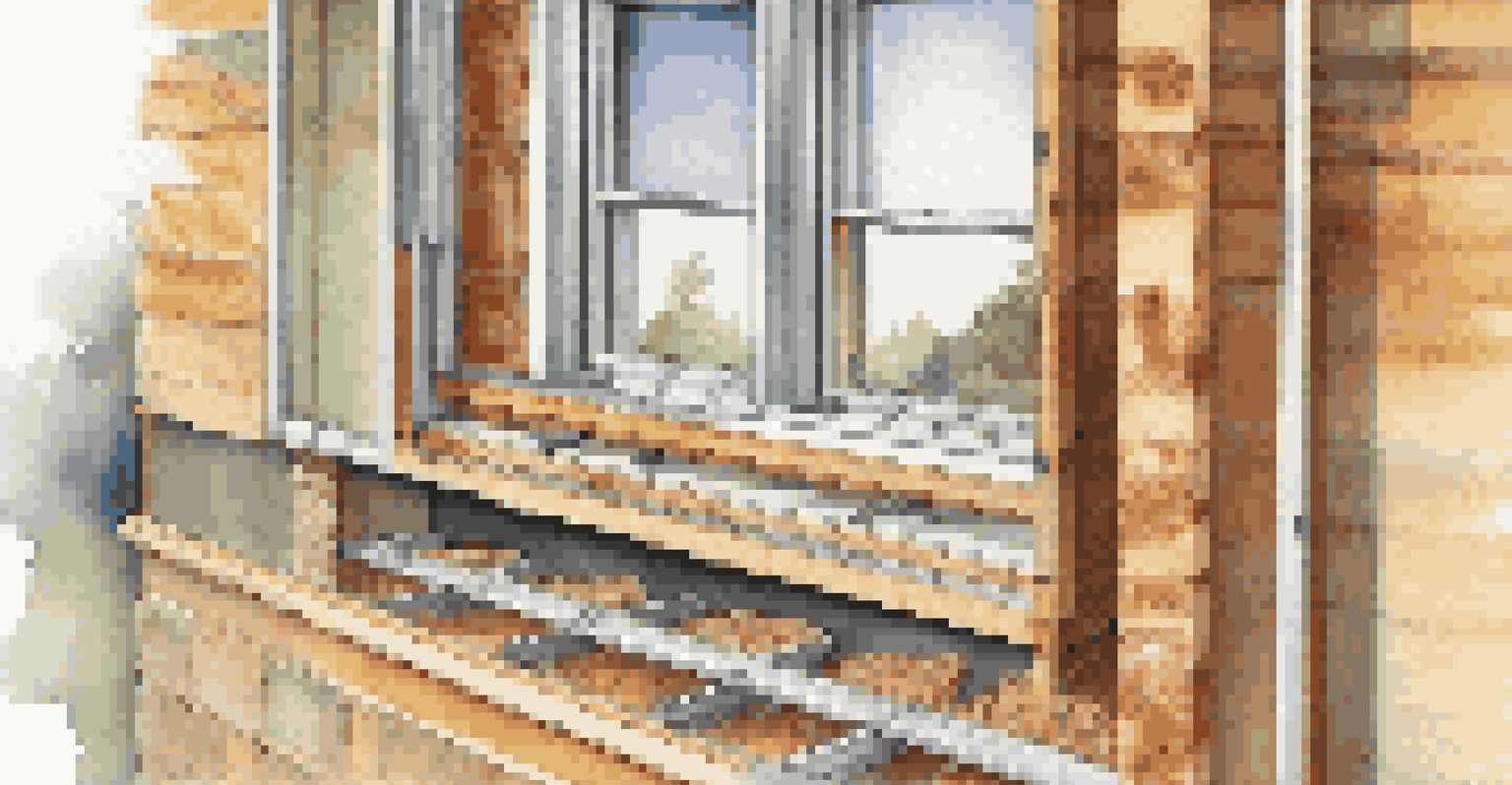 A detailed view of a wall section showing insulation materials and energy-efficient windows.