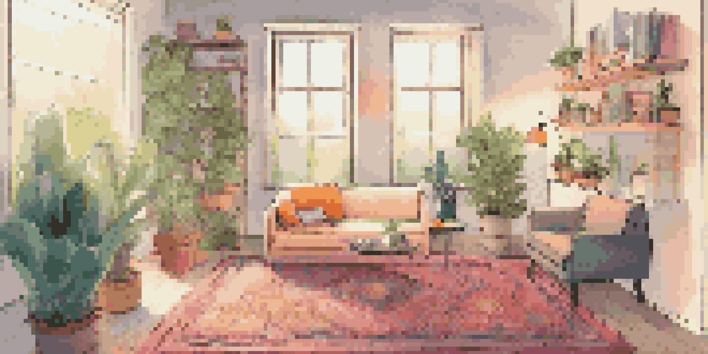 A warm and inviting multi-use living room with a sofa bed, workspace, reading corner, and houseplants, all under soft ambient lighting.