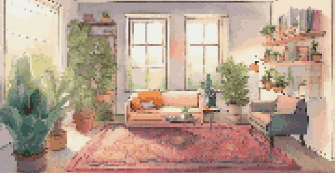 A warm and inviting multi-use living room with a sofa bed, workspace, reading corner, and houseplants, all under soft ambient lighting.