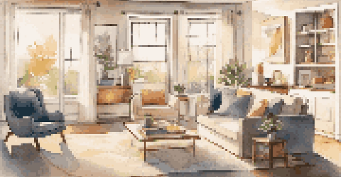 A modern living room with smart home devices, warm lighting, and a video call displayed on a screen.