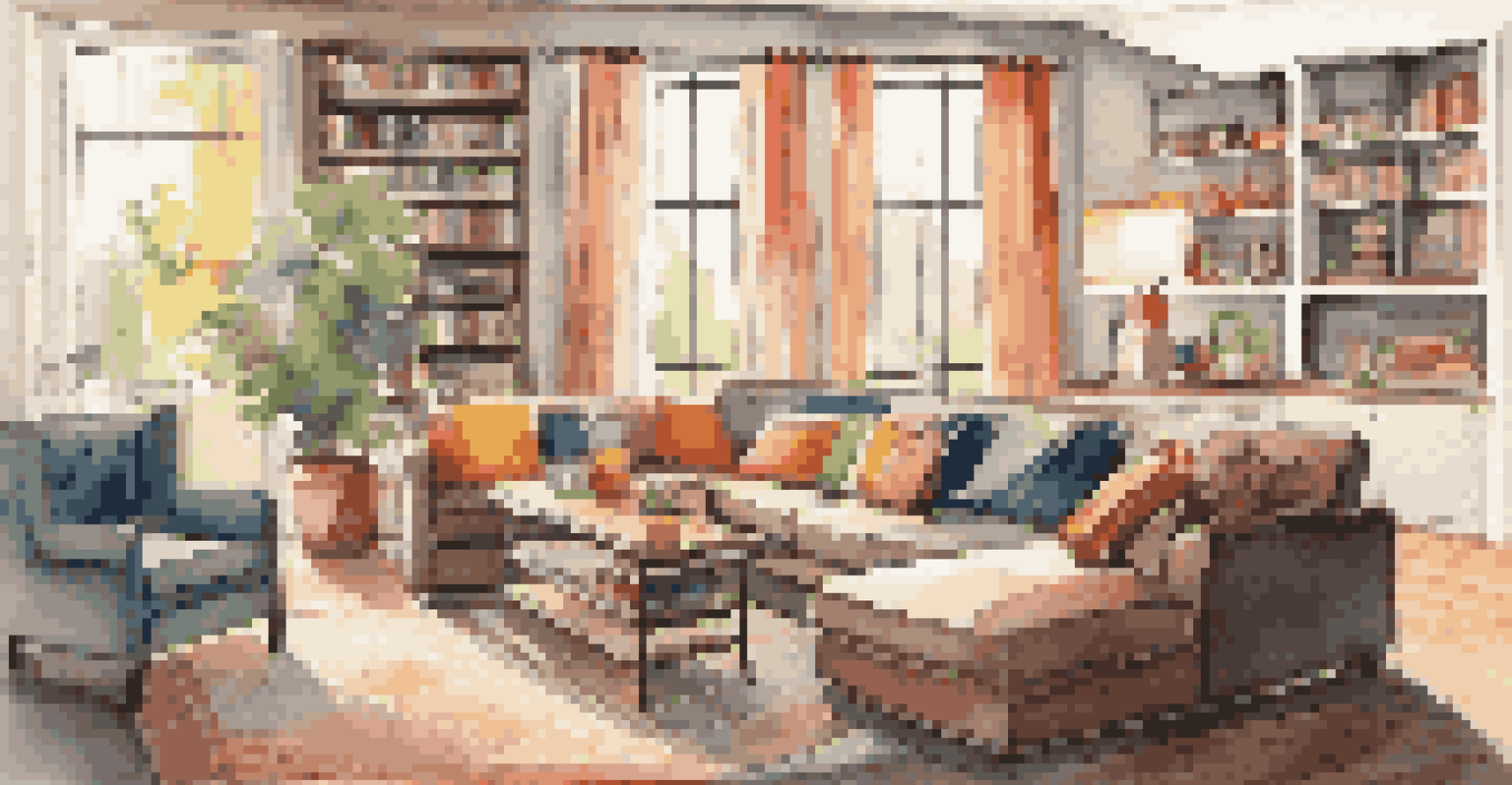 A decluttered living room with a sectional sofa, colorful pillows, and a well-organized coffee table, illuminated by natural light.