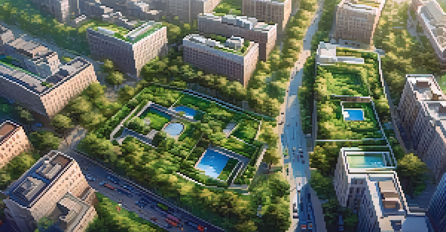 An aerial view of a city showcasing a blend of buildings and lush green spaces, highlighting urban sustainability.